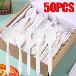 Disposable Dinnerware 50/30/20/10 piece disposable natural corn cutlery knife and fork set used for weddings birthday parties Utensil desserts cakes spoons Q240507