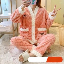 Women's Sleepwear 2024 Leepwear Winter Coral Plush Thickened Loungewear Long Sleeves Cute Loose Flannel Homewear Set For Outwear