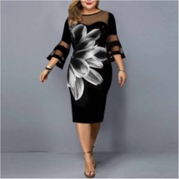 Womens Plus Size Dresses Casual Flower Print Mesh Patchwork Midi Lace 3 4 Sleeve Party Summer Dress For Wedding Clothing 203E