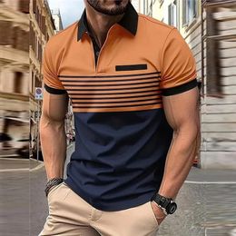 Business Mens Polo T Shirt Summer Short Sleeve Clothing Fashion Stripe Print Street Casual Buttons Tops Oversized Pullover 240507