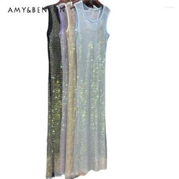 Casual Dresses European Style Elegant Split Long Color Rhinestone Straight Vest Dress Party Birthday Slim-Fit See-through Evening