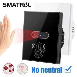 Modules Smatrul No Neutral Wire Ir Wall Light Switch Wave Infrared Sensor No Need Touch Eu Uk 220v Glass Panel Electrical Power on Off