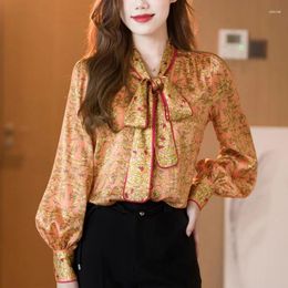 Women's Blouses Spring Summer V-neck Fashion Long Sleeve Shirt Women High Street Lacing Bow Button Cardigan All-match Printing Chic Blouse