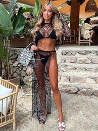 Work Dresses GACVGA Sexy See-Through Skirt Set Summer Beach Long Sleeve Crop Top And Bandage Y2K Women Beachwear Cover Up Two Piece