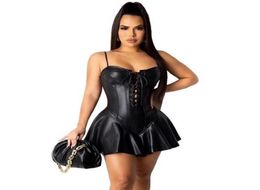 Night Club Laceup Leather Corset Dress Women Sexy Spaghetti Strap Bandage Bodycon Mini Backless Bottom Flare Party Casual Dresses9967464