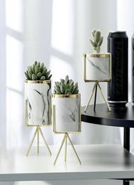 Set of 3pcs Marbling White Ceramic Flower Pots with Iron Stand Desktop Planters Home Garden Decoration with Gold Detailing Y2007234223617