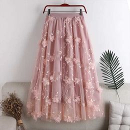 Skirts 3D Embroidered Flower Skin 2024 Spring Weight Loss Double Layer Mesh A-line SkiingL2405