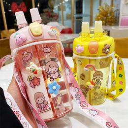 430ml Cute Children Double Drinking Water Bottle Straw Portable Bottle Student Couple Plastic Cup Gift School Kids 240507