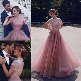 Modest New Arrival Evening High Short Long Sleeve Beading Sequins Formal Dresses Zipper Floor Length Party Gowns 0508