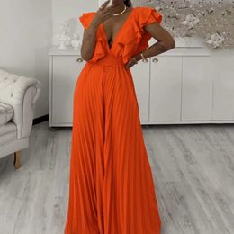 Women's Jumpsuits Rompers Elegant Pleated Jumpsuits Rompers Women Deep V Neck Ruffles High Waisted Floor Length Luxury Birthday Party Dinner Outfits New d240507