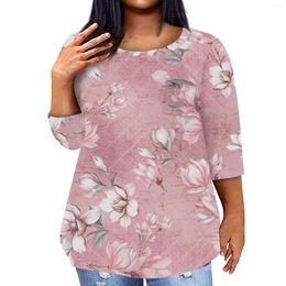 Women's T Shirts Fashionable Casual Three Quarter Sleeve Printed Round Neck Pullover 4/3 Top Woman Clothing Crop Shirt Women