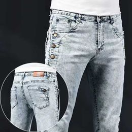 jeans for mens new elastic Korean design fashionable multi button blue and white retro washed cotton elastic denim pants Trousers J240507