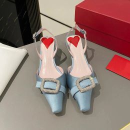 5.5cm Silk Satin Slingback Pumps Designer Heels Shoes Crystal Buckle Designer Sandals Squared Tapered Toe Slides Pump Heart Shaped Insole Luxury