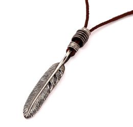 Fashion Mens Leather Choker Necklace Vintage Eagle Feather Pendant Brown Cord adjusted 4080 cm Punk Rock Micro Men For Gifts9661483