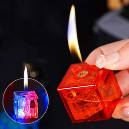 Wholesale Mini Box Shape Iatable Lighter Dazzling LED Light Transparent Body Classic Open Fire Lighter