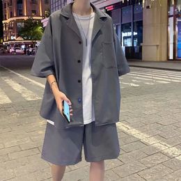 Summer Mens Sets Half Sleeve Blazer Suits Solid Short Sleeve Button Shirt Shorts Korean Handsome Loose 2 Piece Set Outfits 240429