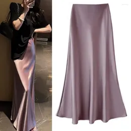 Skirts High Waist Women Skirt Elegant Satin A-line Fishtail Midi For Solid Colour Hem Stylish A