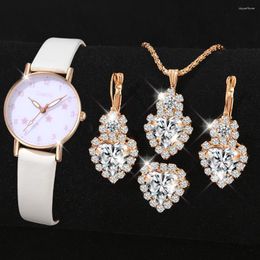 Wristwatches White 5PCS/Set Women Quartz Wristwatch Leather Strap Watch Pink Star Dial Heart-Shaped Jewellery Set Gift For Mom