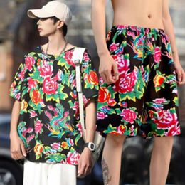 Men's Tracksuits Moisture-wicking Outfit Chinese Ethnic Style Floral Print Set With O-neck Short Sleeve Top Wide Leg Shorts For A