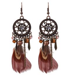 Charm Antique Bronze Dot Diamond Big Warehouse Floating Feather Earrings Ethnic Style Feather Earrings Bohemian Feather Earrings