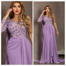 2020 New Arrival Purple Prom Dresses Sexy One Shoulder Neckline Long Sleeve 3D Floral Lace Fabric Bodice Chiffon Skirt Formal Evening G 208h