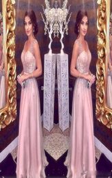 Sexy Crystal Beaded A Line Evening Dresses Sequin Beading Elegant Blush Pink Long Prom DResses cheap Party Gowns9521264