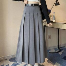 Skirts High Waist Pleated Skirt With Belt Solid Colour A-Line Long Maxi Ankle Length Office Casual Women Suit