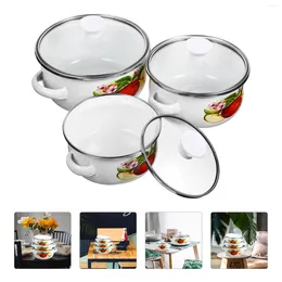 Double Boilers 3Pcs Mini Stew Pot Retro Instant Noodles Flat Bottom Stockpot Cooking Kitchen Enamel Cookware Random Pattern