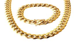 Stainless Steel Jewellery Set 18K Gold Plated High Quality Cuban Link Necklace Bracelet For Mens Curb Chain 15cm 85quot22quo1879091