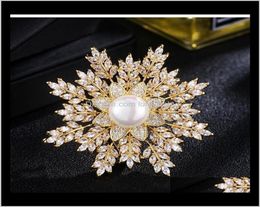 Fashion Women Big Pearl Flower Crystal Rhinestone Snowflake Brooch Pins Gold Silver Cor For Lady Gift Designer Jewelry 5Teat Srn4L5454326