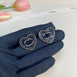 Designer Luxury Geometric Earrings Stud Enamel Denim Blue Heart Stud Double Letter Vintage Personality Brass Jewelry for Valentine's Day Gifts