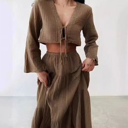 Work Dresses Women's Casual Long Sleeved Outfit Fashion V-neck Tie Up Top With Split Skirt 2 Piece Set Bohemian Cotton Linen Solid Loose