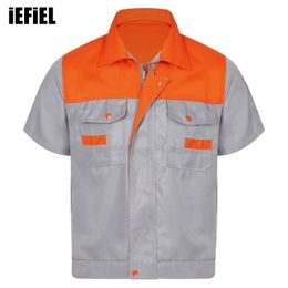 Mens Color Block Short Sleeve Work Shirt Turn-Down Collar Workwear Motor Mechanic Uniform 240430