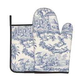Gloves French Toile De Jouy Navy Blue Motif Heat Resistant Oven Mitts and Pot Holders Sets Oven Gloves for BBQ Cooking Baking Grilling