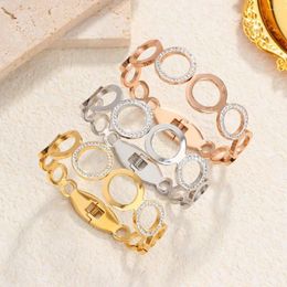 Bangle Stainless Steel Bracelets For Women Round Hollow Out Rhinestone Bangles Luxury Gold Plated Jewellery Style 2024 Couple Gifts