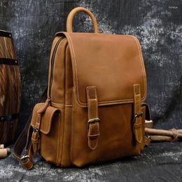 Backpack Men Crazy Horse Leather 14 Inch Genuine Rucksack For School Teenager Retro Unisex Cow Laptop Travel Bag