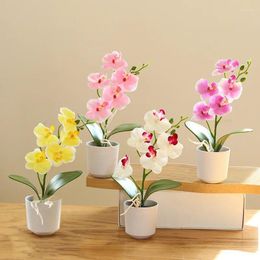 Decorative Flowers Mini Potted Artificial Butterfly Orchid Bonsai Silk Fake Flower Plastic Simulated Plant With Pot Home Wedding Table