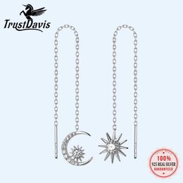 Stud TrustDavis Authentic 925 Sterling Silver Asymmetric Sun Moon Connexion 10cm Earline Womens Fashion Jewellery DS2113 Q240507