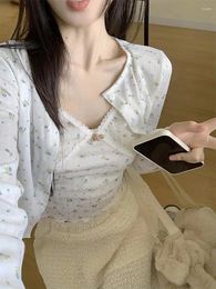 Women's Knits Fashion Sweet Floral Long Sleeve Cardigan Mujer Y2k Grunge V-neck Slim Fit Camisole Vest 2024 Summer Two Piece Sets