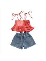 Clothing Sets Toddler Girls 2Pcs Summer Outfits Sleeveless Plaid Print Ruffle Tops Ripped Denim Shorts Set Sunsuit