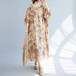 Party Dresses Batwing Sleeve Thin Soft Cotton Linen Print Floral Vintage Summer Dress Fashion Women Travel Style Casual Long