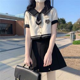 Preppy Style Sweet JK Suits Female Two-piece Sets Japanese Style Sailor Collar Short-sleeved Single Breasted + High Waist Solid Color Pleated Skirt Suit Summer Women