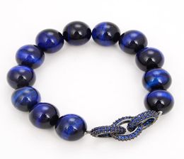 GuaiGuai Jewellery 14mm Round Blue Tiger Eye Cz pave Ring Chain Connector Stretch Bracelet Handmade For Women Real Lady Fashion Jewe1989147