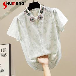 Women's Blouses Fashion Blouse Beaded Diamond Female Temperament Lace 2024 Summer Loose Short Sleeve All-Match Trendy Tops