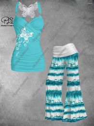 Women's Pants PLstar Cosmos 3D Printed Retro Butterfly Casual Vest Wide Leg Two-piece Set H-3