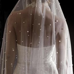 Bridal Veils Wedding Veil With Pearls One Layer Long Cathedral Bride Velos De Noiva Crystal Beaded For White Ivory Metal Comb 264a