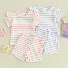 Clothing Sets 2024-01-23 Lioraitiin Toddler Baby Girl Summer Outfit Waffle Knit Frilly Short Sleeve T-Shirt Shorts Set 2Pcs Clothes