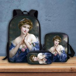 Backpack Classic Oil Painting Lady Study 3 Pcs/Set High Quality Capacity Zip Pencil Case Student Brand Design Storage Mochilas Para Mujer