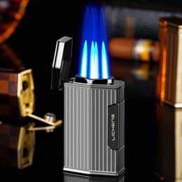 High-End Four Straight Blue Jet Flame Torch Lighter High Power Metal Cigar Lighter With Cigar Cutter