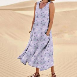 Casual Dresses Women's Summer Cotton And Round Neck Sleeveless Pocket Retro Floral Breathable Dress Long Womens Maxi For